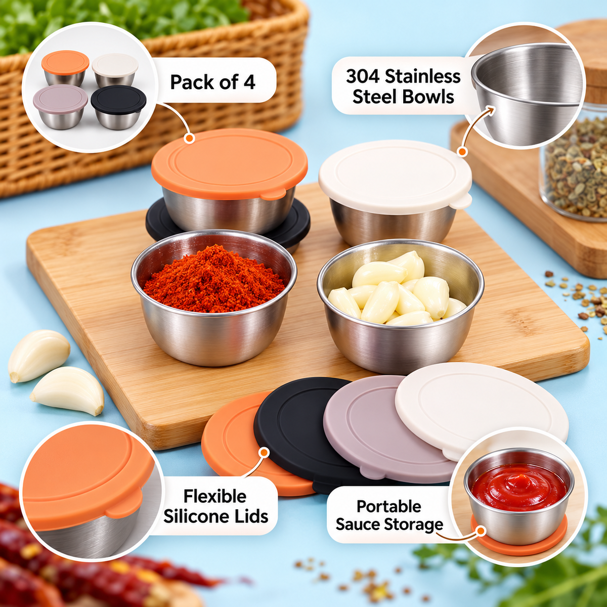 Mini 304 Stainless Steel Sauce Containers with Silicone Lids – Pack of 4 features