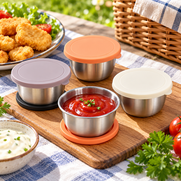 Mini 304 Stainless Steel Sauce Containers with Silicone Lids – Pack of 4 lifestyle