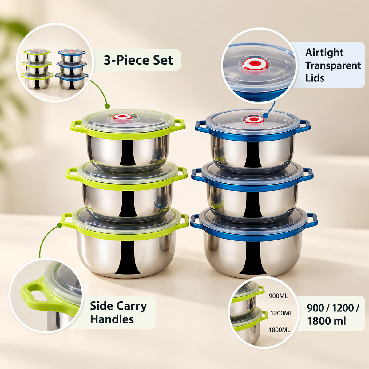 3-Piece Stainless Steel Airtight Food Container Set – 900ml, 1200ml & 1800ml features