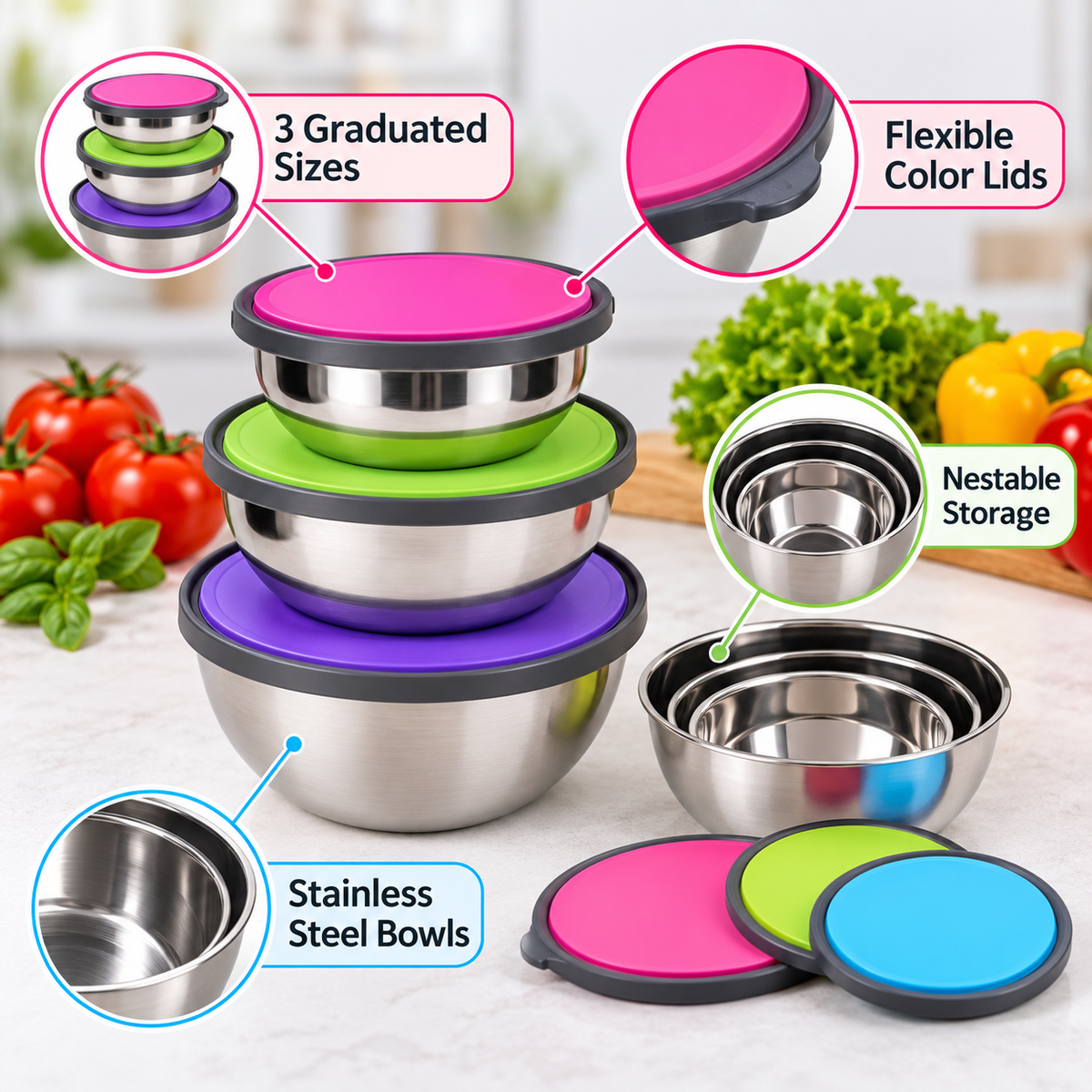 3-Piece Stainless Steel Food Container Set with Flexible Color Lids features