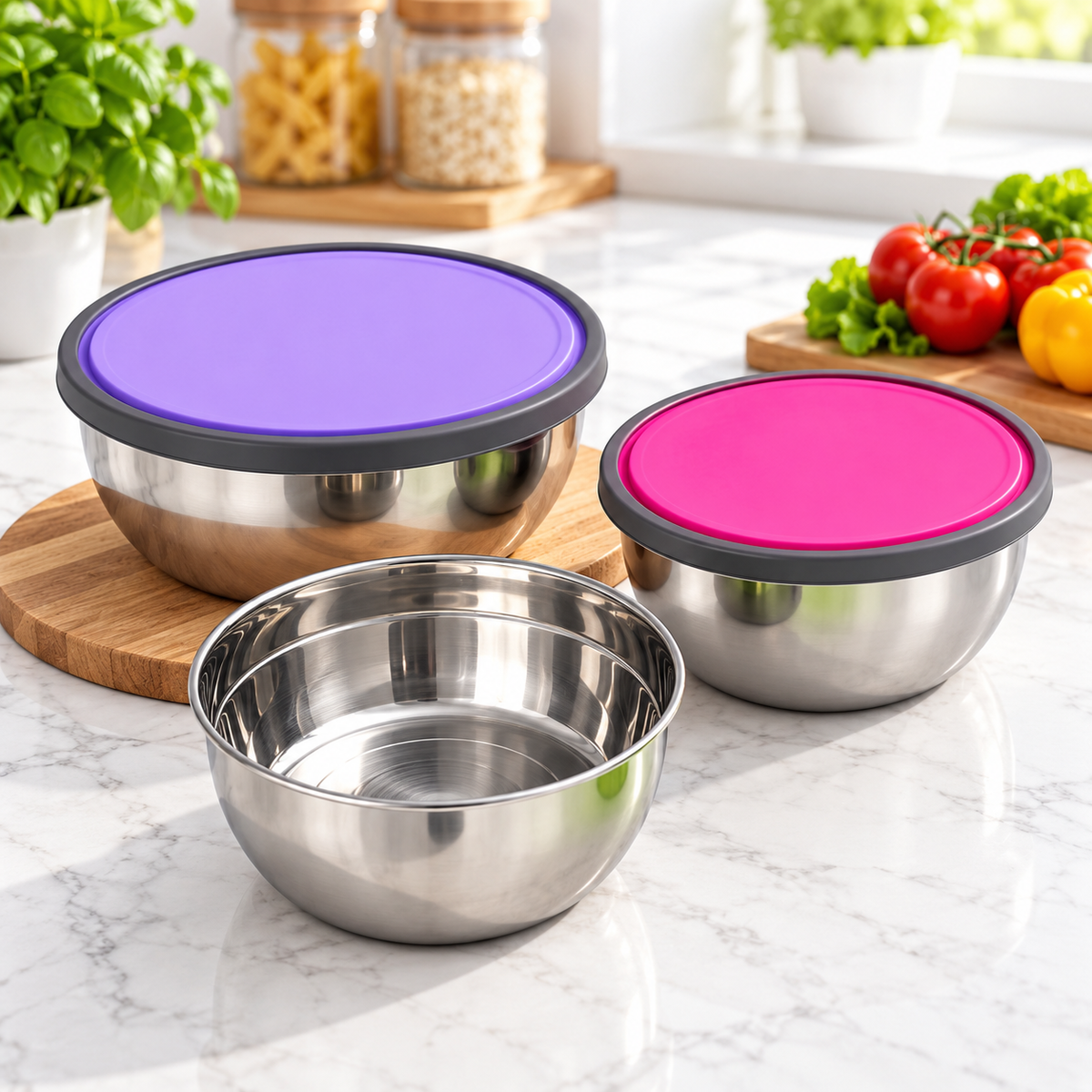 3-Piece Stainless Steel Food Container Set with Flexible Color Lids lifestyle