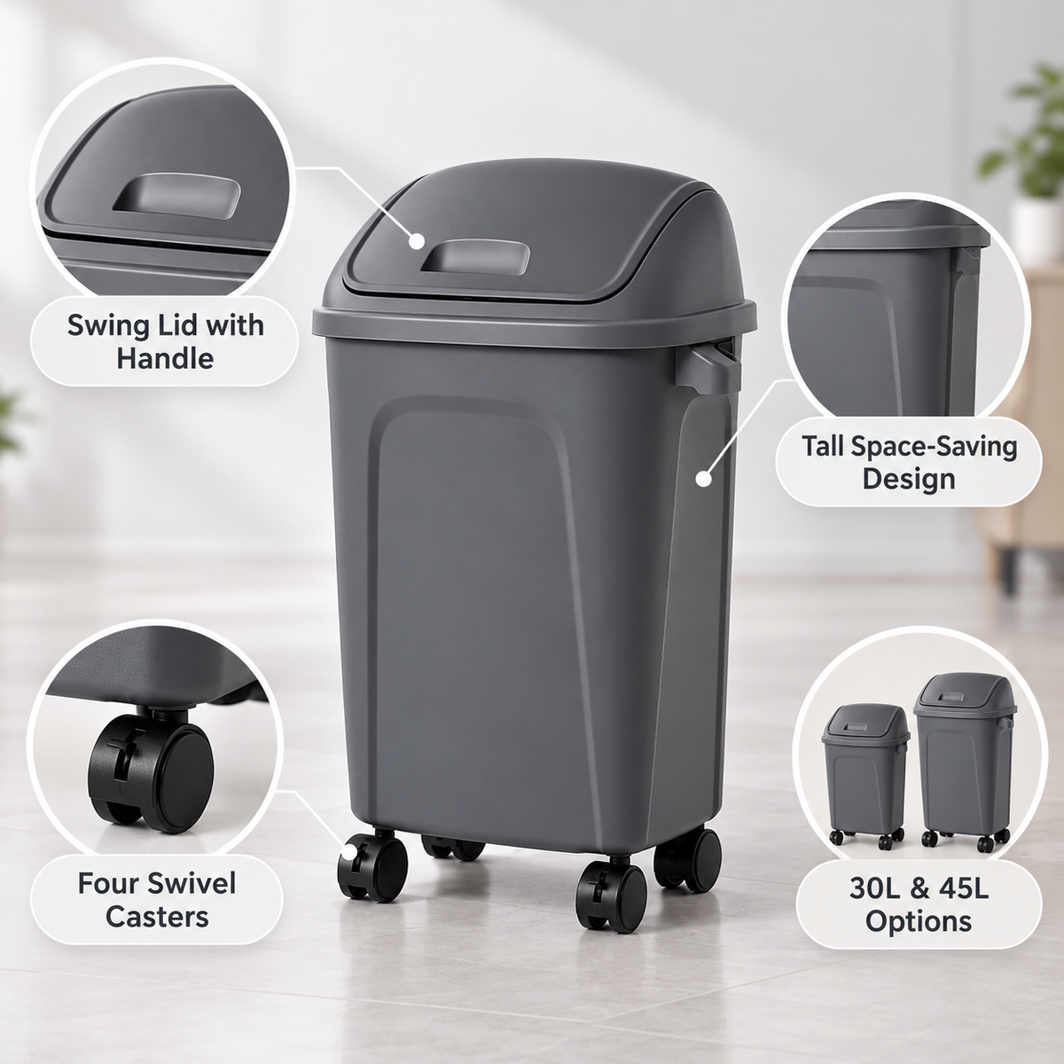 Wheeled Swing-Lid Waste Bin with 360° Casters – 30L & 45L features