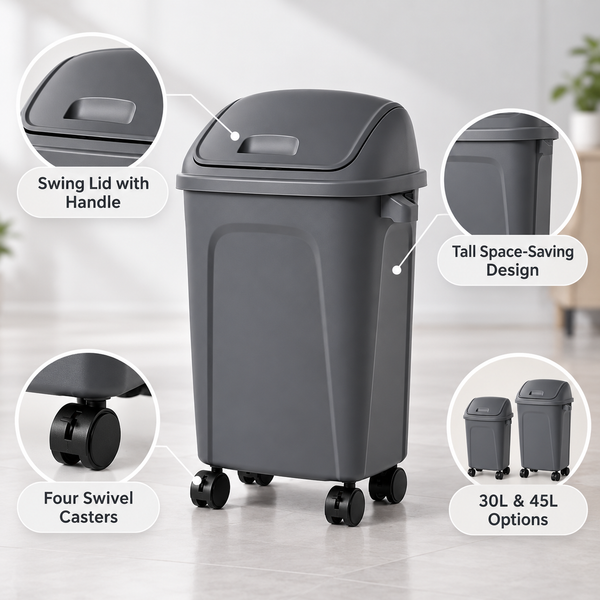 Wheeled Swing-Lid Waste Bin with 360° Casters – 30L & 45L features