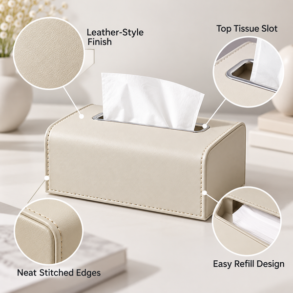 Premium Leather-Style Rectangular Tissue Box with Stitched Edges features