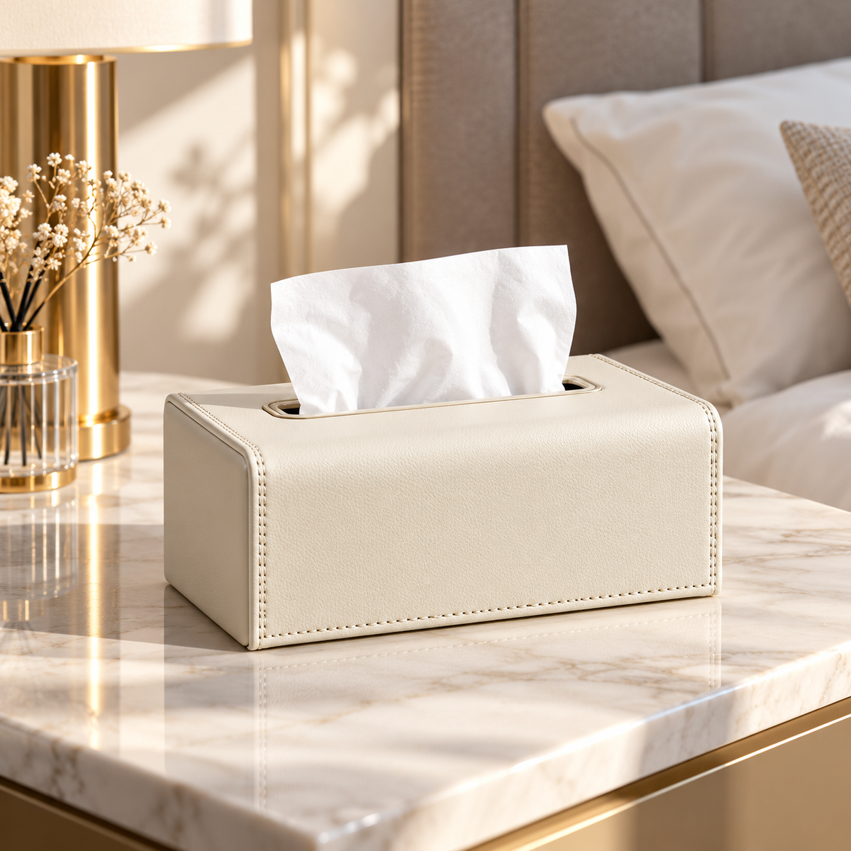 Premium Leather-Style Rectangular Tissue Box with Stitched Edges lifestyle