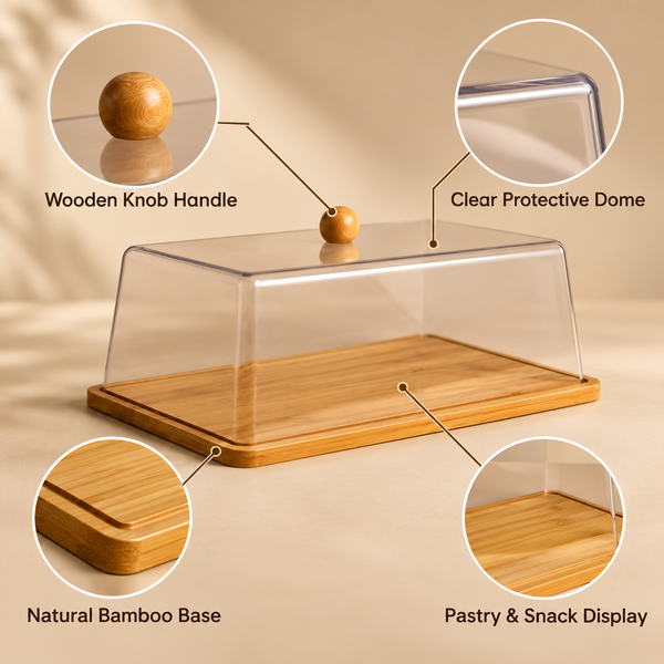 Bamboo Pastry Serving Tray with Clear Protective Dome features