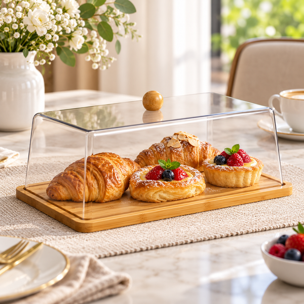 Bamboo Pastry Serving Tray with Clear Protective Dome lifestyle
