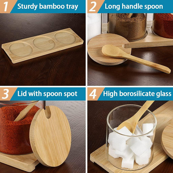 3-Piece Glass Spice Jar Set with Bamboo Lids, Spoons & Wooden Tray