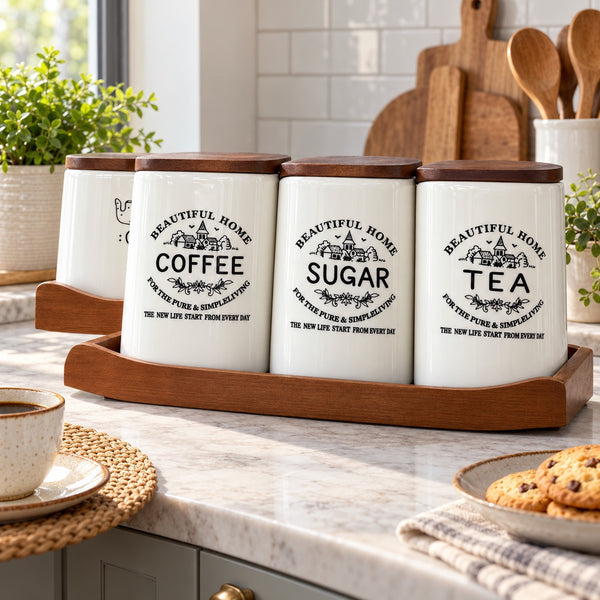 Beautiful Home coffee sugar tea ceramic jar set with wood tray