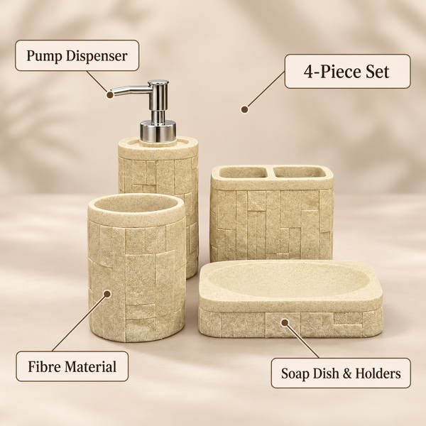 Beige Block Texture four-piece fibre bathroom accessory set – features and included pieces