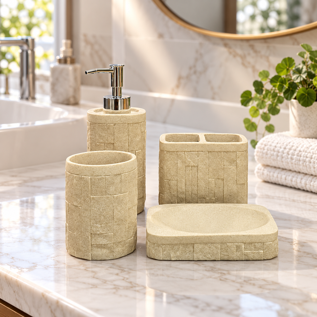 Beige Block Texture four-piece fibre bathroom accessory set – bathroom vanity setting