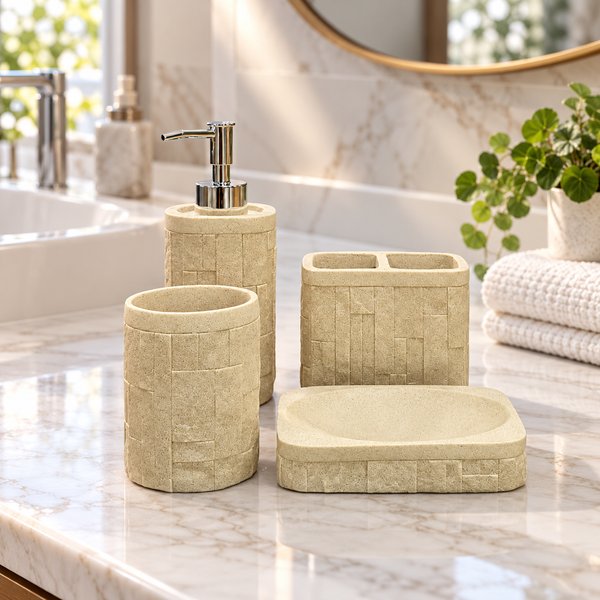 Beige Block Texture four-piece fibre bathroom accessory set – bathroom vanity setting