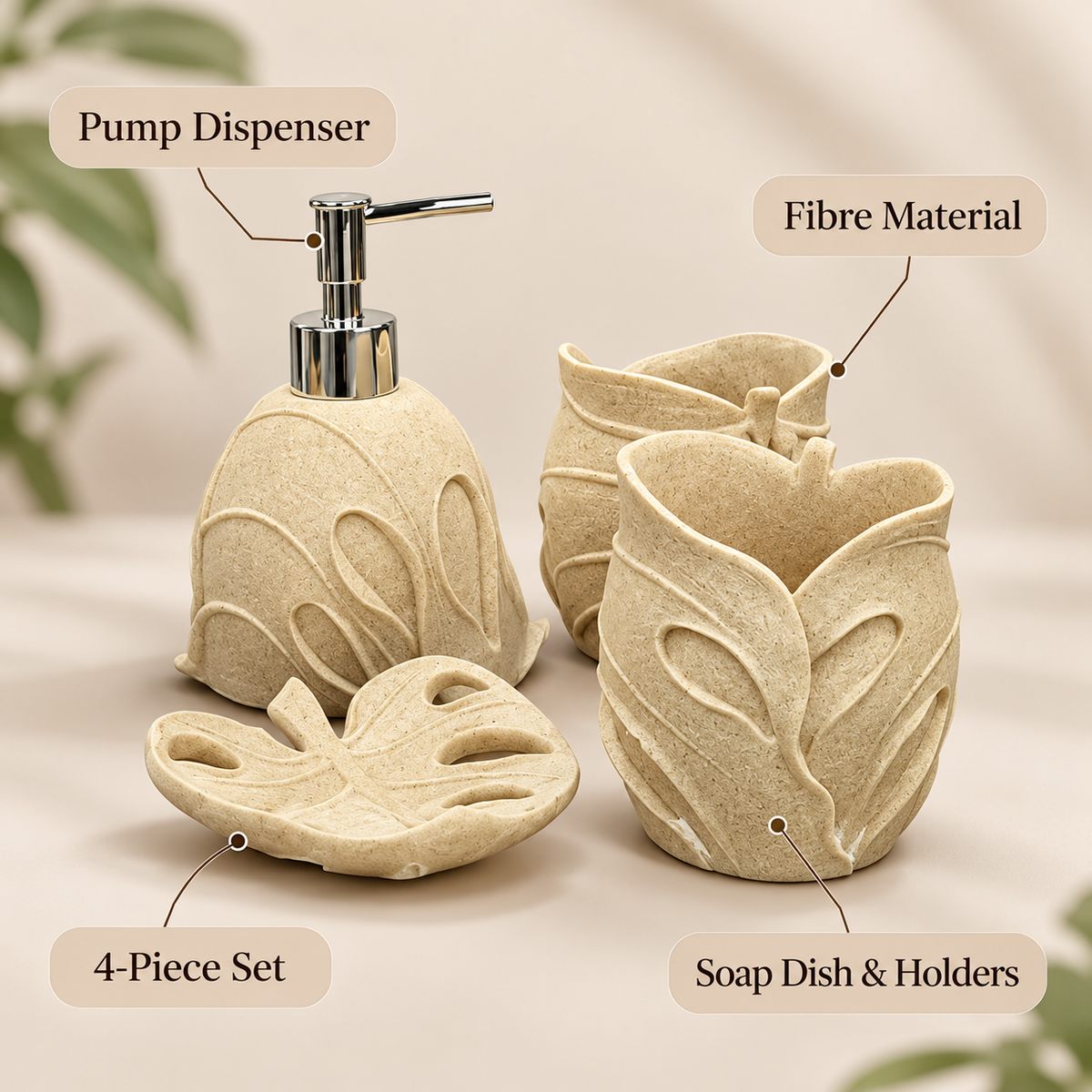Beige Leaf four-piece fibre bathroom accessory set – features and included pieces