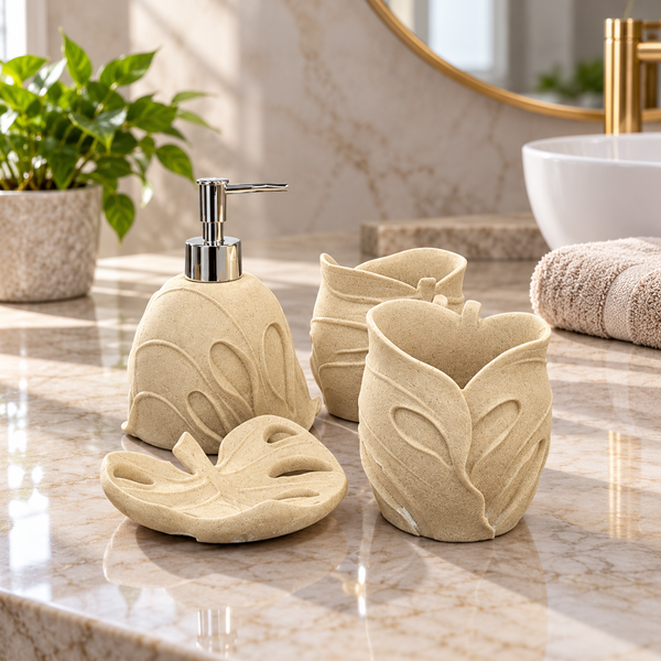 Beige Leaf four-piece fibre bathroom accessory set – bathroom vanity setting