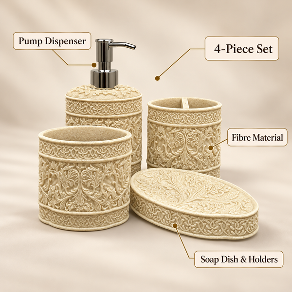 Beige Ornate four-piece fibre bathroom accessory set – features and included pieces