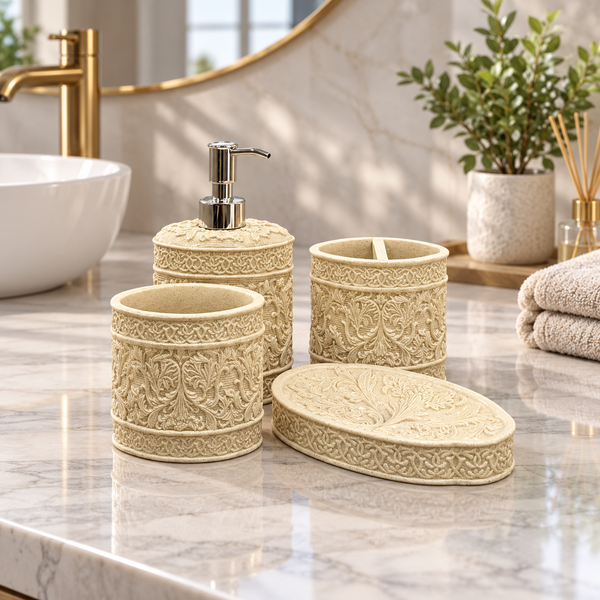 Beige Ornate four-piece fibre bathroom accessory set – bathroom vanity setting