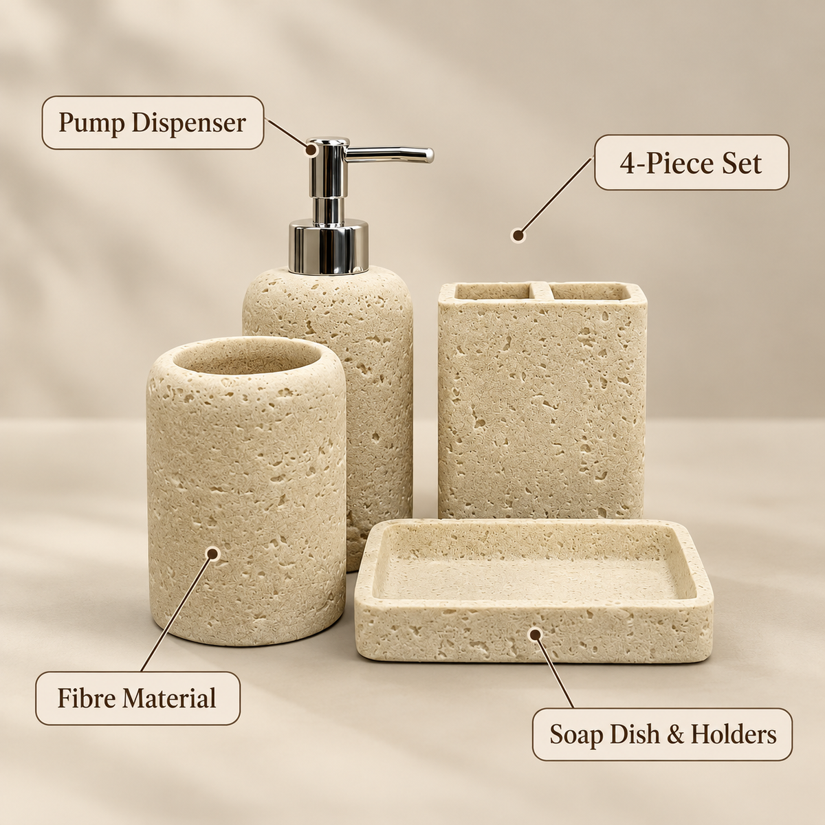 Beige Pitted Texture four-piece fibre bathroom accessory set – features and included pieces