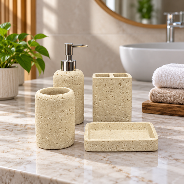 Beige Pitted Texture four-piece fibre bathroom accessory set – bathroom vanity setting