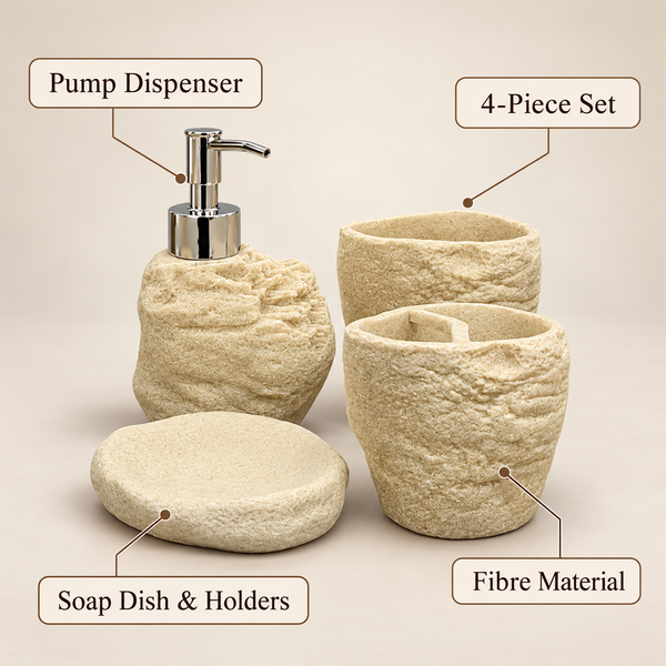 Beige Rock Texture four-piece fibre bathroom accessory set – features and included pieces
