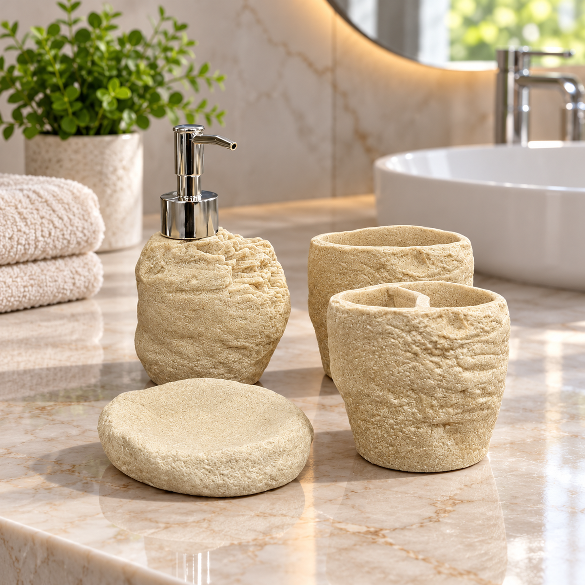 Beige Rock Texture four-piece fibre bathroom accessory set – bathroom vanity setting