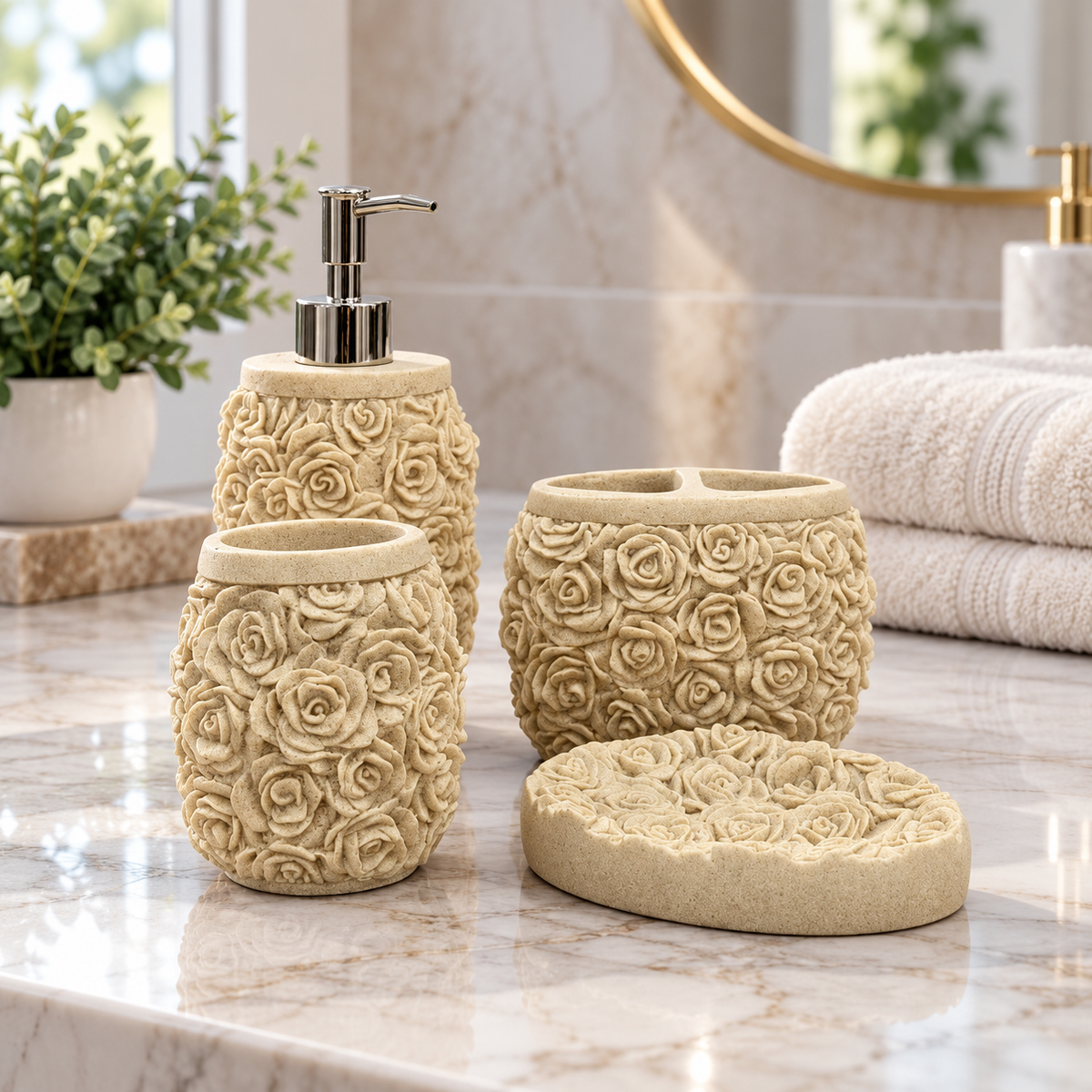 Beige Rose four-piece fibre bathroom accessory set – bathroom vanity setting