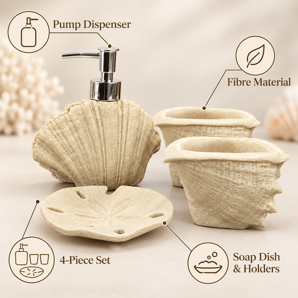 Beige Seashell four-piece fibre bathroom accessory set – features and included pieces