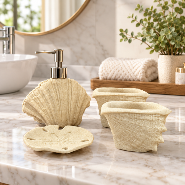 Beige Seashell four-piece fibre bathroom accessory set – bathroom vanity setting