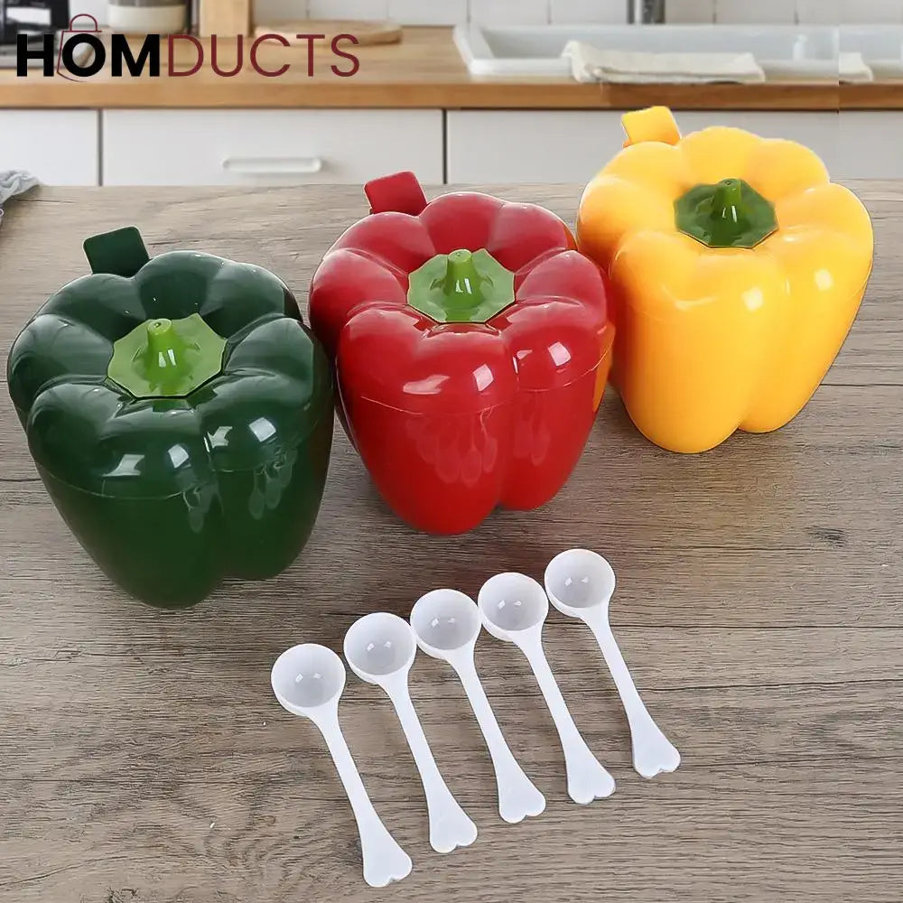 Bell Pepper Shaped Storage Containers with Measuring Spoons – Colorful Kitchen Spice & Snack Jars Set