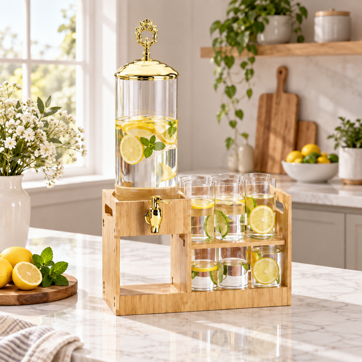 Seven-piece beverage dispenser set with bamboo stand and six glasses