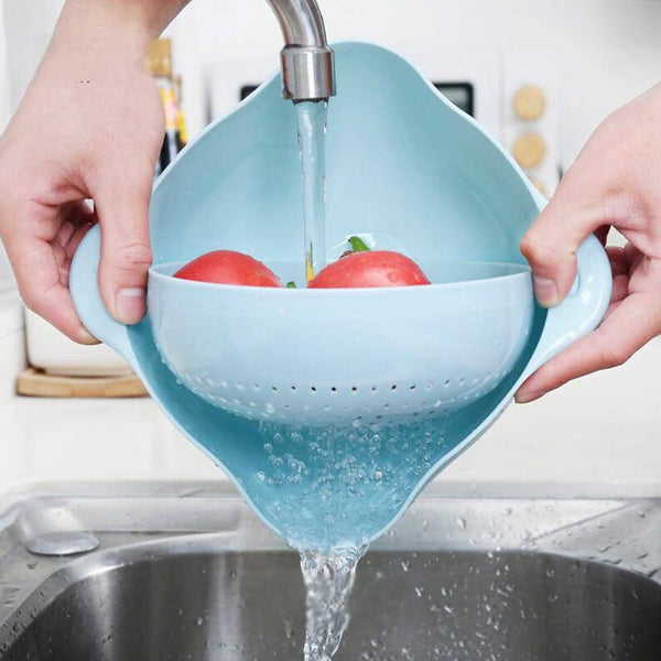2-in-1 Plastic Washing Bowl with Strainer Colander – Vegetable & Fruit Draining Basket (23cm)-(Random colours)