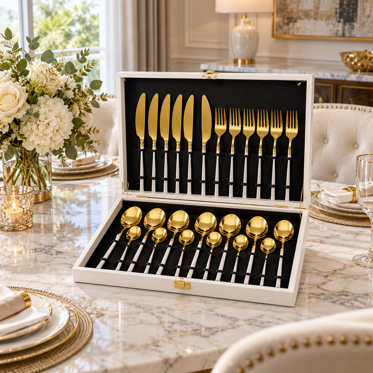 White and gold M-ring cutlery set in presentation case