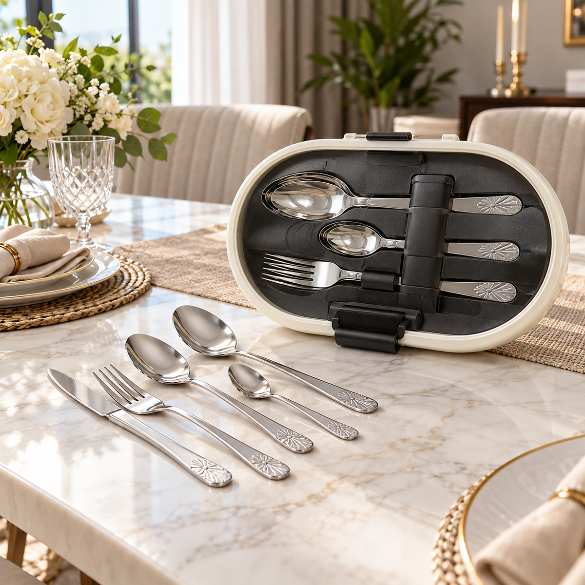 36-piece silver floral cutlery set with storage case