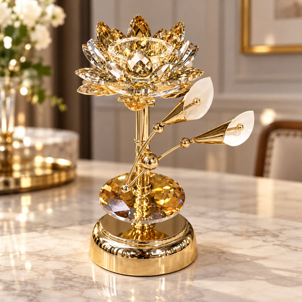 Gold crystal lotus candle holder with bird accents