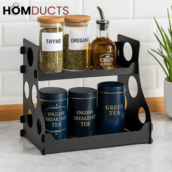 Black 2-Tier Metal Kitchen Organizer Rack – Spice & Storage Shelf with Side Cutouts
