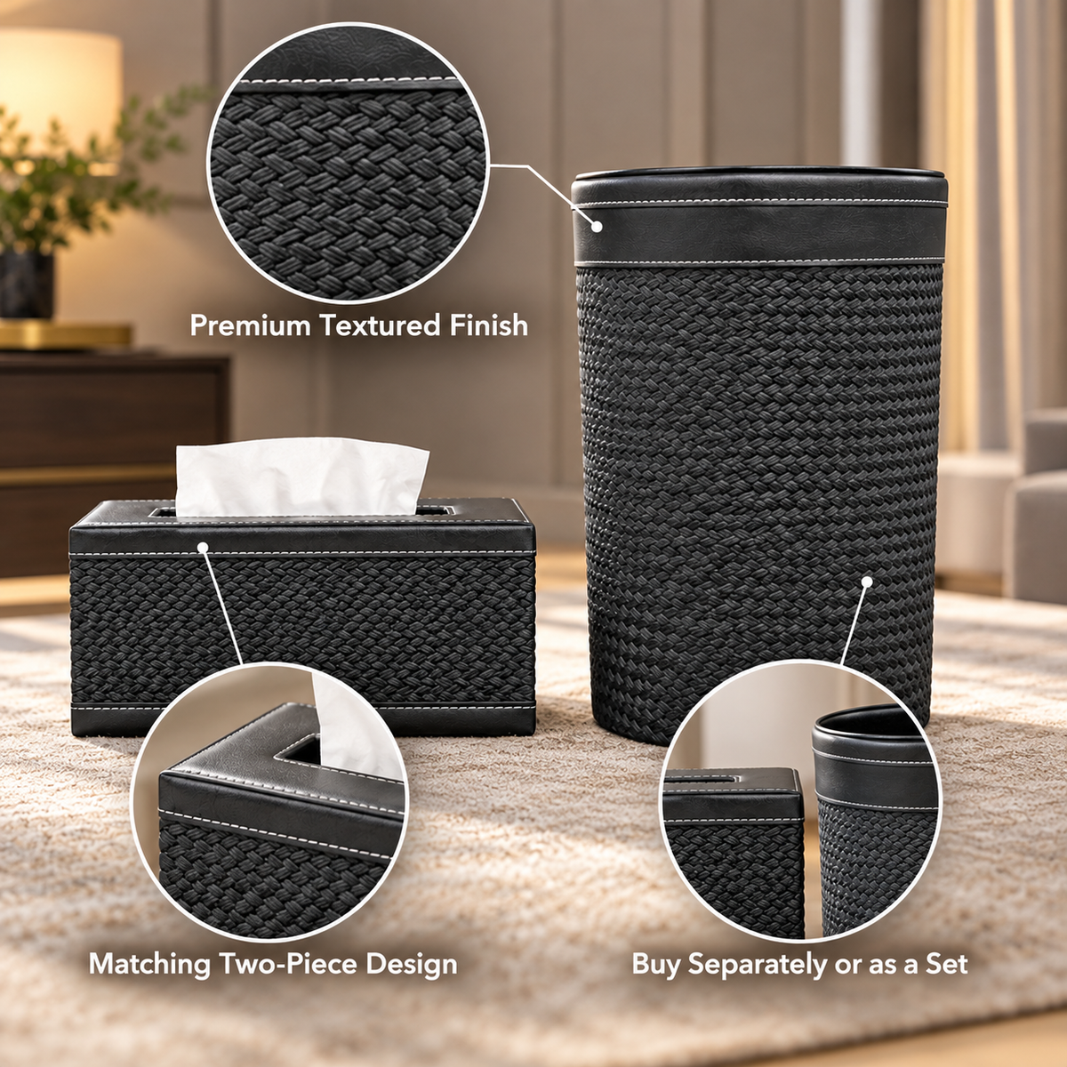 Premium Black Basket-Weave Tissue Box & Dustbin Set feature details
