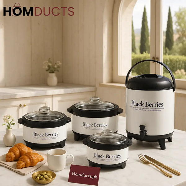 Black Berries Revo 4-Piece Insulated Hotpot & Water Cooler Gift Set – Glass Lid Premium Thermal Storage
