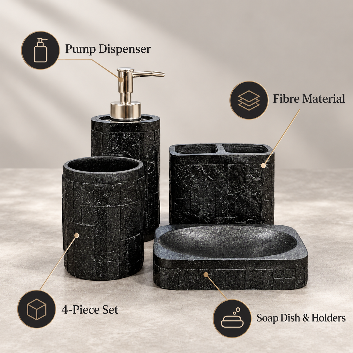Black Block Texture four-piece fibre bathroom accessory set – features and included pieces