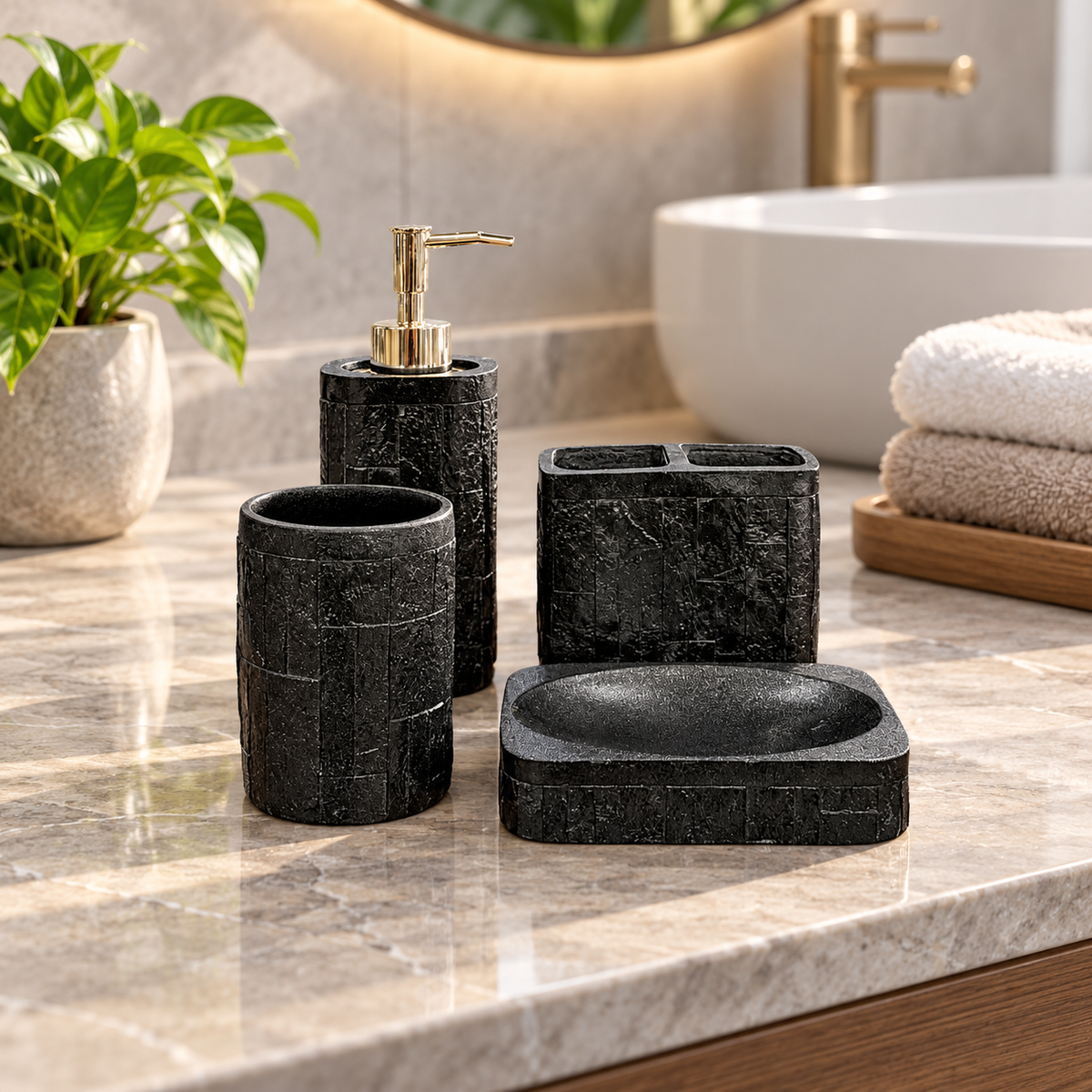Black Block Texture four-piece fibre bathroom accessory set – bathroom vanity setting