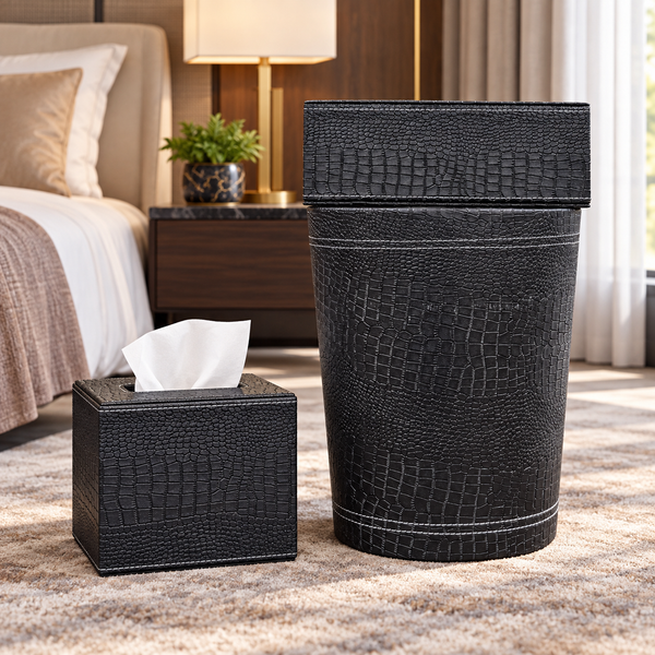 Premium Black Crocodile-Texture Tissue Box & Dustbin Set lifestyle image