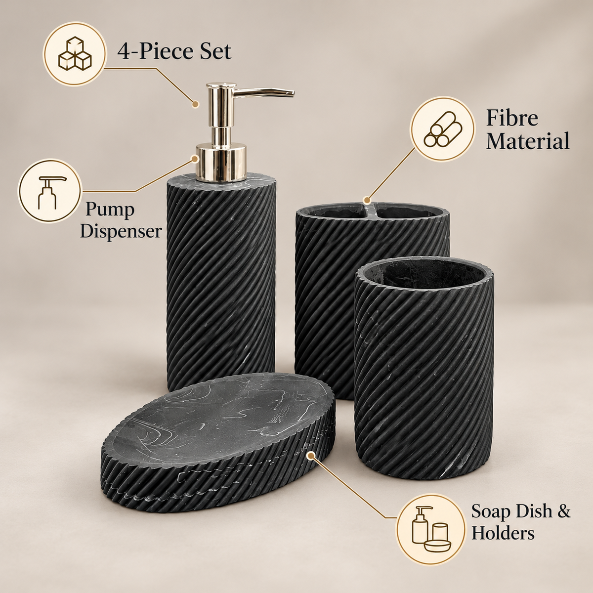 Black Diagonal Ribbed four-piece fibre bathroom accessory set – features and included pieces