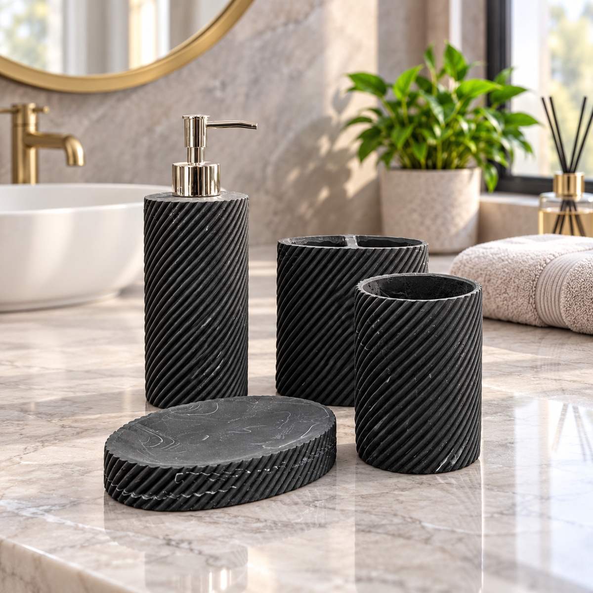 Black Diagonal Ribbed four-piece fibre bathroom accessory set – bathroom vanity setting