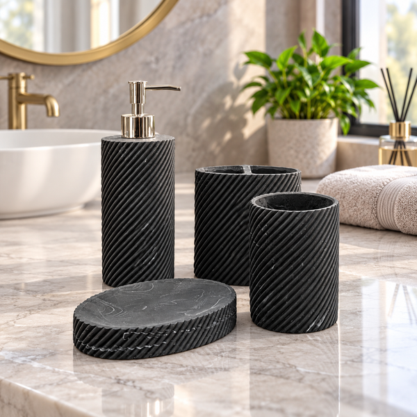 Black Diagonal Ribbed four-piece fibre bathroom accessory set – bathroom vanity setting