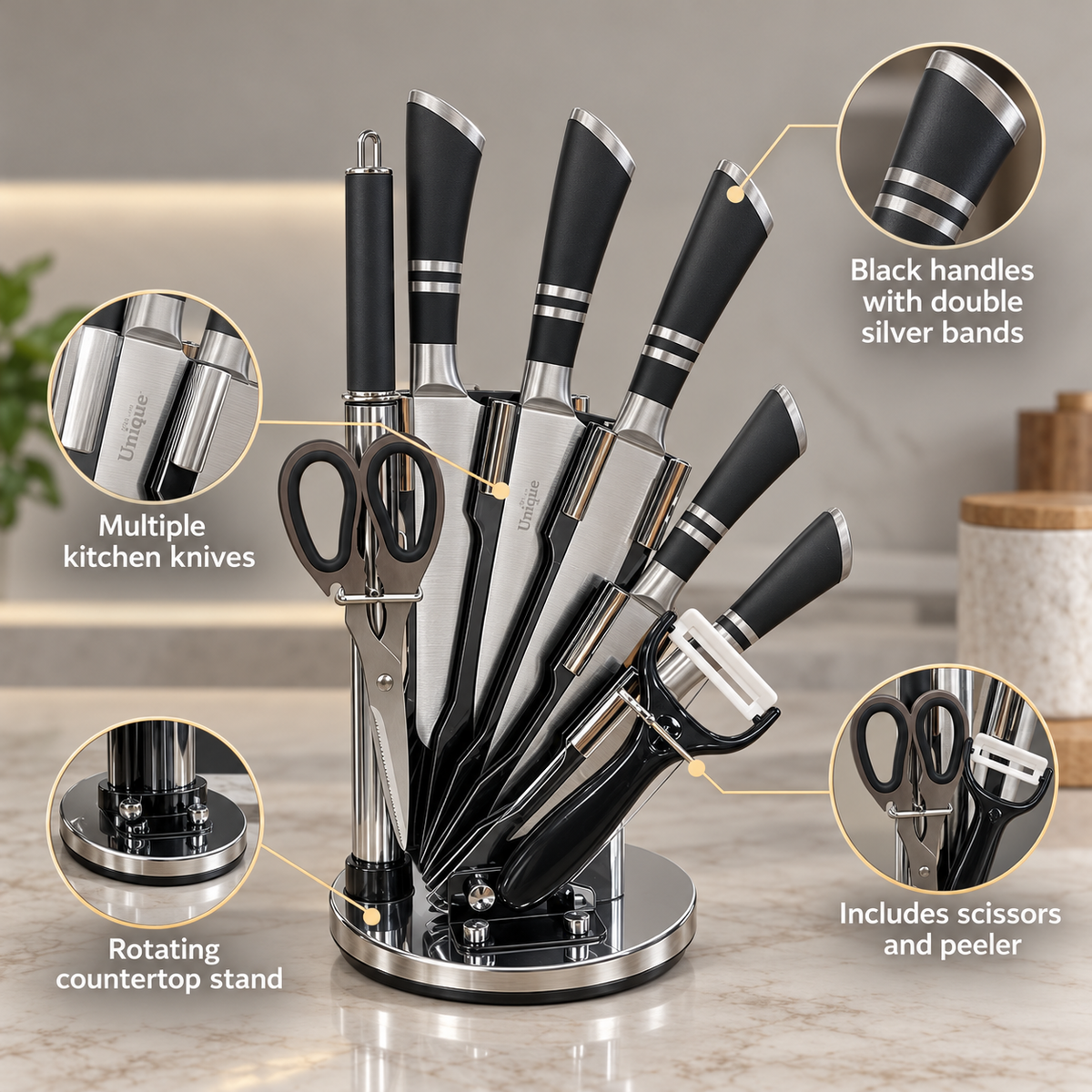 Black Double-Band Rotating Kitchen Knife Set with Accessories feature infographic