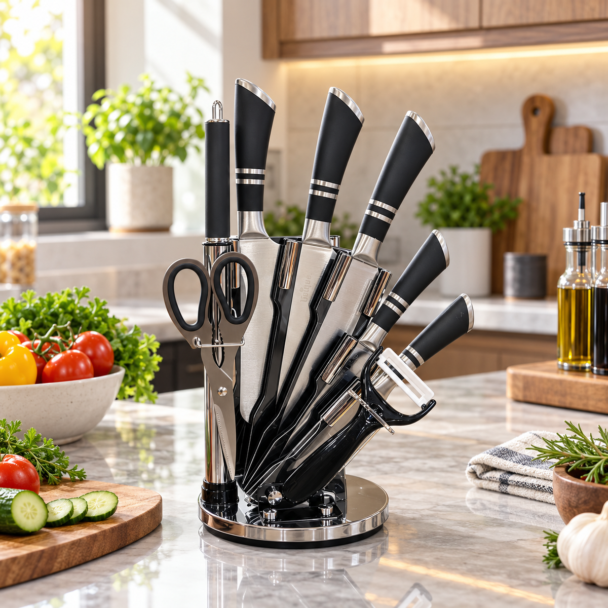 Black Double-Band Rotating Kitchen Knife Set with Accessories styled in a premium kitchen setting