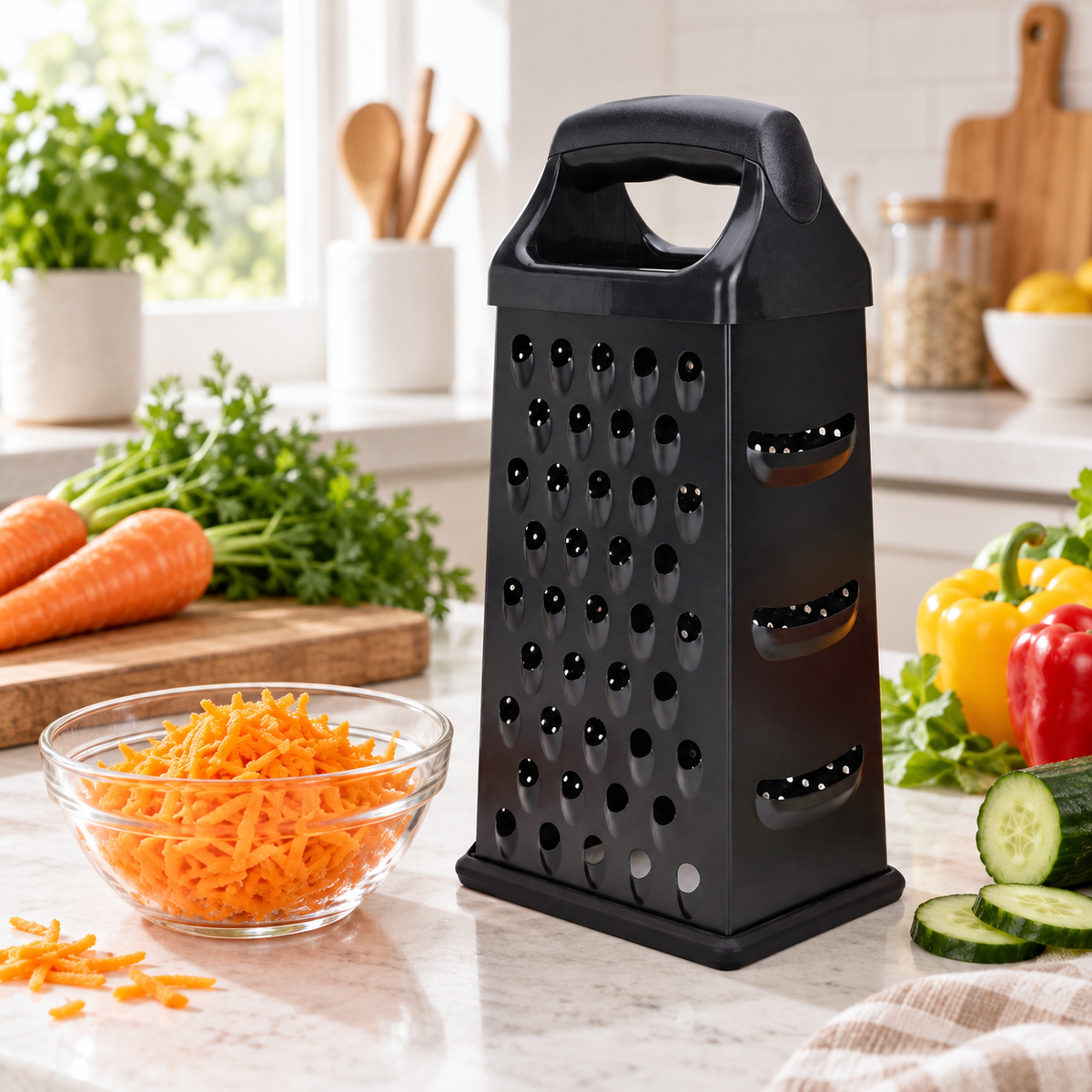 Black four-sided stainless steel box grater
