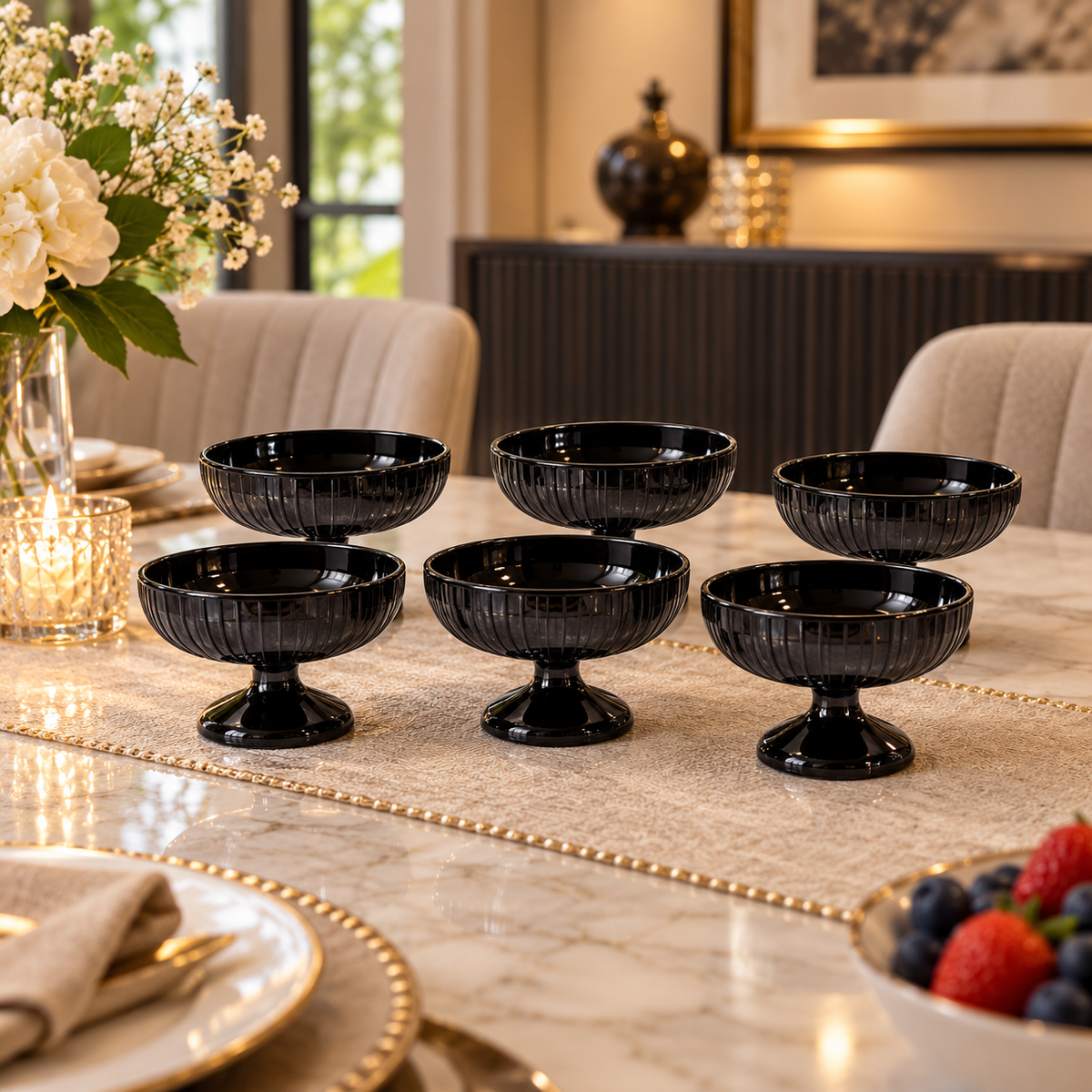 Luxury black glass dessert bowl set with six pedestal bowls