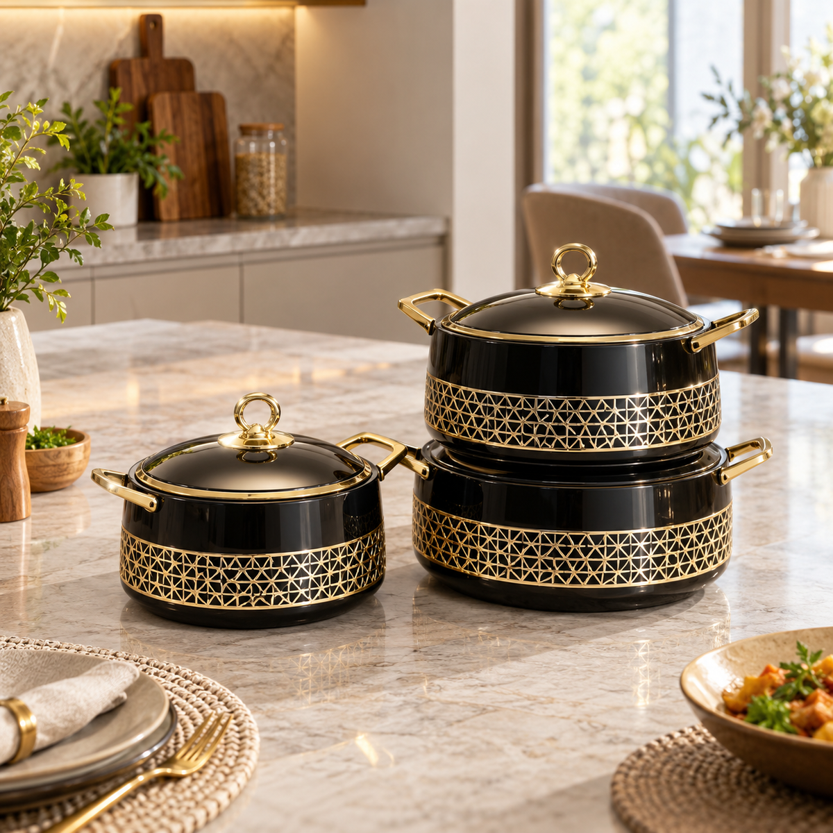 Black and gold three-piece insulated hot pot set