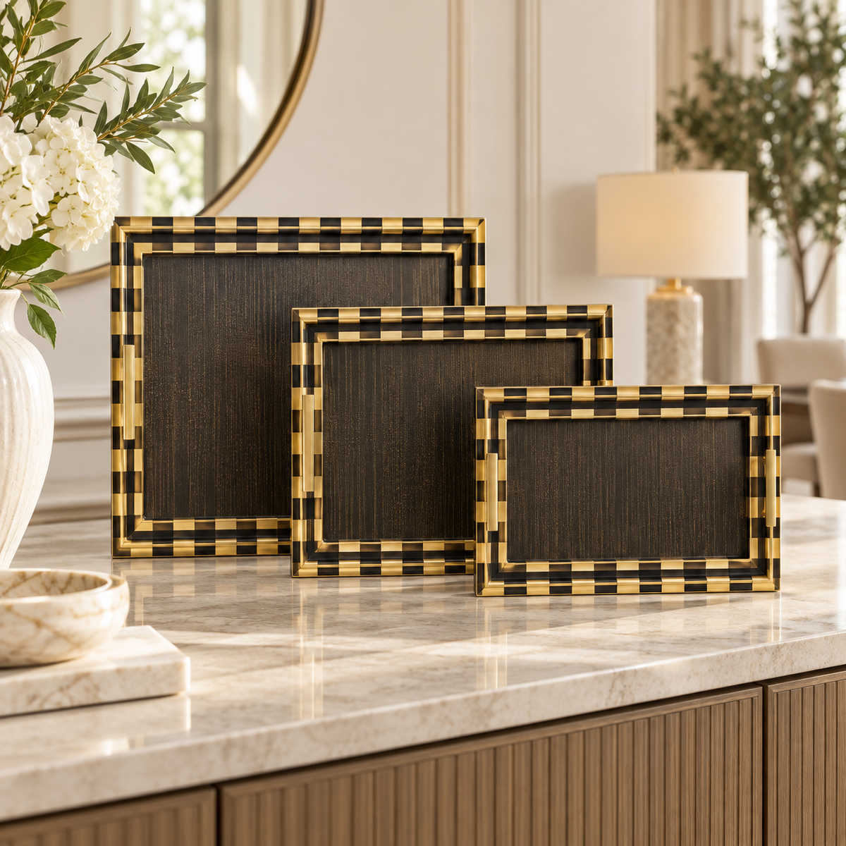 Modern Black & Gold Border Serving Tray Set – 3 Pcs