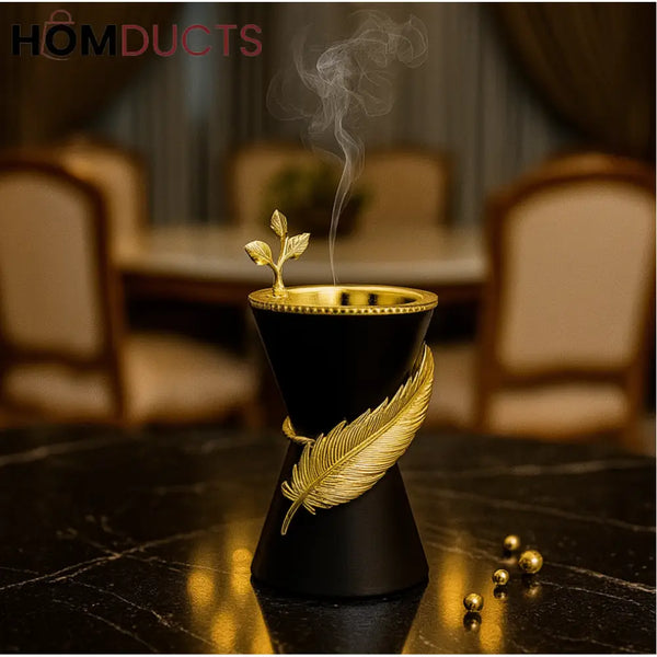 Black & Gold Luxury Incense Burner – Feather Detail Aromatherapy Holder