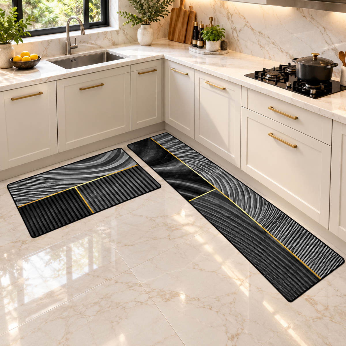 Black grey and gold kitchen mat and runner set